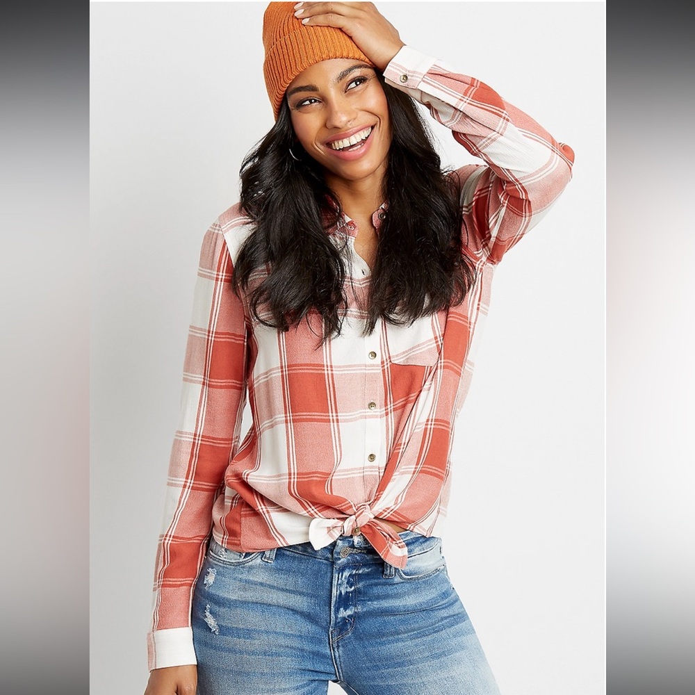 Maurices Rose Buffalo Plaid Button Down Shirt